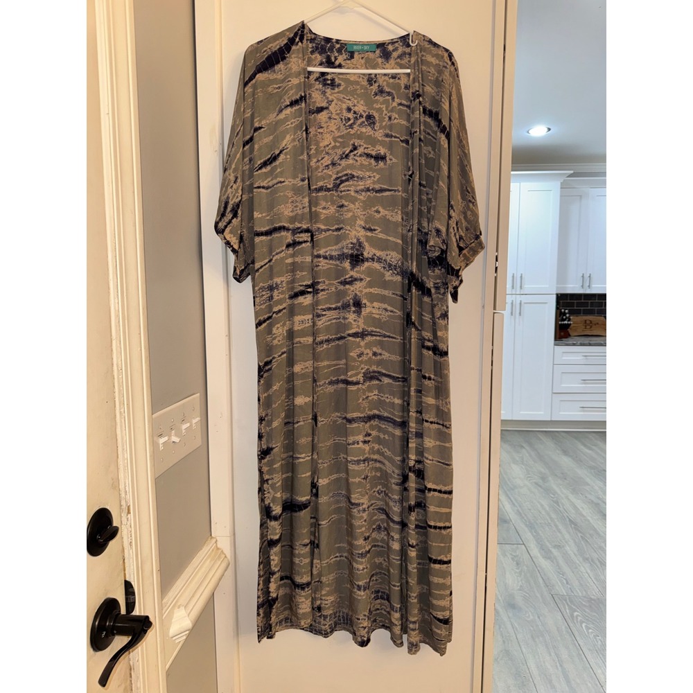 River + Sky Womens Tie Dye Maxi Kimono Cardigan Olive Green Navy Open Front Boho